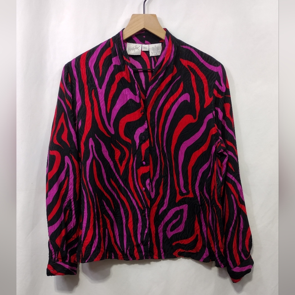 Vintage Jacqueline Ferrar 100% Silk Animal Print Button Shirt Womens 12P Purple - Picture 1 of 7